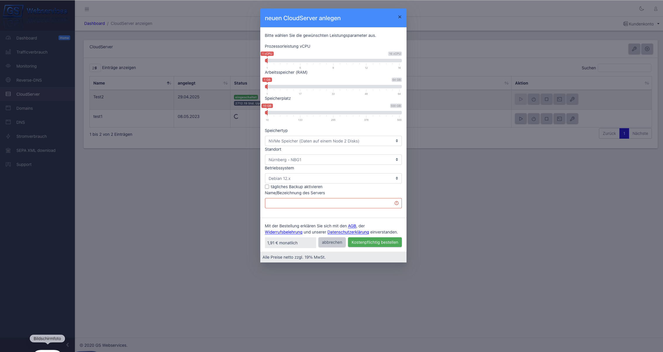 CloudServer Übersicht im eigenen UI von GS Webservices